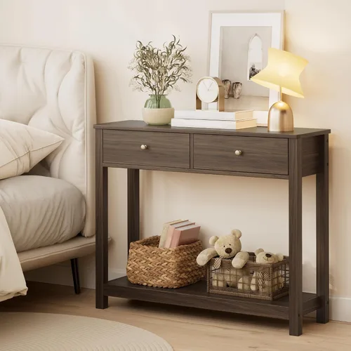Vista 5 de Gizoon - Mesa de consola con 2 cajones, mesa de entrada de 2 niveles de madera con estantes de almacenamiento, mesa de sofá de 39" de ancho