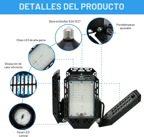 Vista 4 de Luz LED para garaje, 150 W, techo de garaje deformable, 15000 lm, 4 paneles ajustables, luces de tienda E26/E27 para sótano, granero, taller, luz