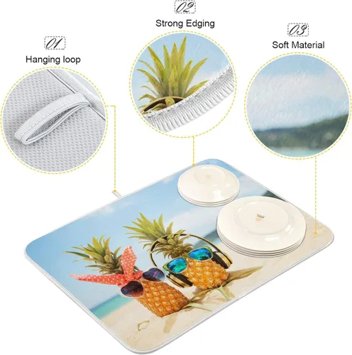 Vista 3 de Tapete de secado de platos de piña de verano divertido para decoración de fregadero de cocina, 16 x 18 pulgadas, tapete escurridor de platos junto