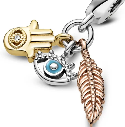 Vista 3 de Pandora Hamsa, dije colgante de espiritualidad de ojos y plumas que todo lo ve