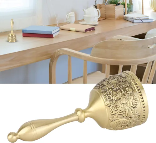 Vista 6 de Campana de mano, exquisita campana de llamada grabada de latón, campana decorativa para restaurante, artesanía decorativa para niños, adultos