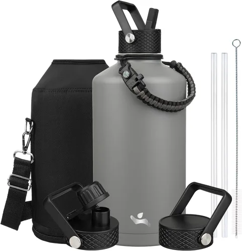 Vista 129 de Konokyo - Botella de agua aislada de 18 onzas, botellas deportivas de acero inoxidable con 3 tapas, verde militar