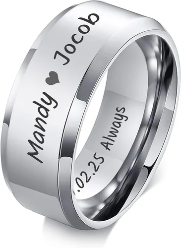 Vista 10 de VNOX Customize Personalized Name Date Stainless Steel Simple Polished Finish Wedding Band Engagement Rings for Men Women,Size 6