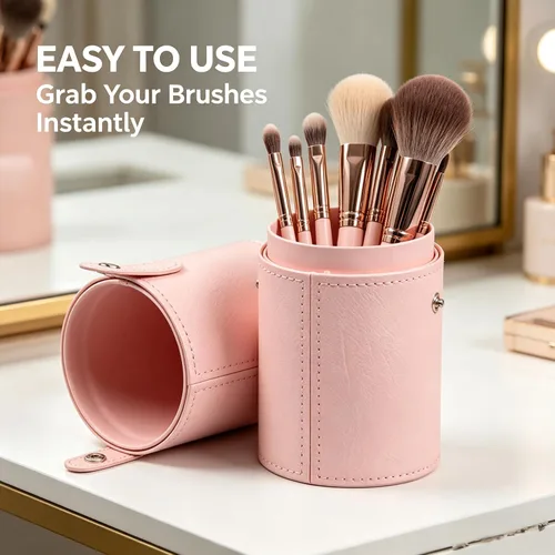 Vista 6 de PU Leather Makeup Storage Holder Cosmetic Cup, Travel Makeup Brush Holder Organizer Case with Button Closure, Portable Cosmetic Brush Storage