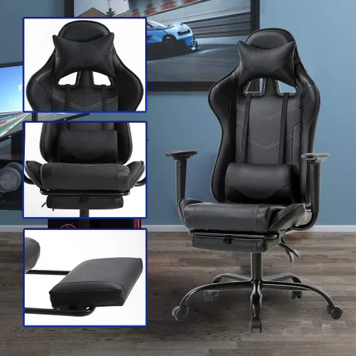 Vista 7 de Silla ergonómica para juegos para adultos, silla de escritorio ajustable con respaldo alto y soporte lumbar y reposapiés, silla de oficina de cuero