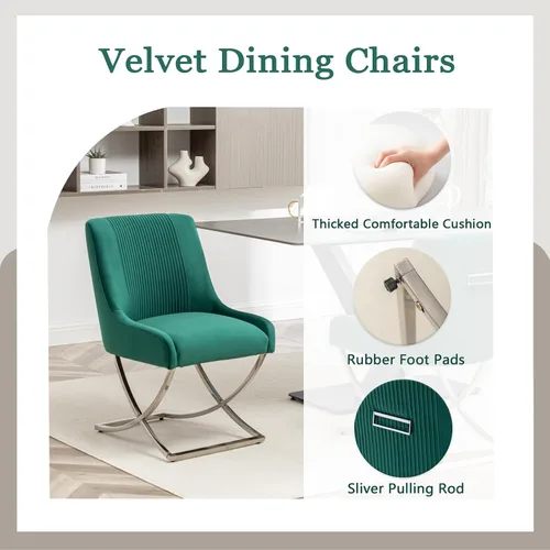 Vista 6 de Juego de 2 sillas de cocina y comedor, de terciopelo tapizado moderno, sillas de metal copetudas contemporáneas con patas plateadas en forma de X