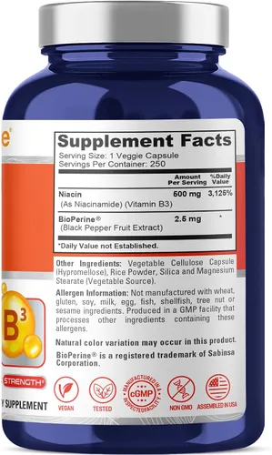 Vista 3 de Niacina sin enjuague, sin OMG, vegana 500 mg, 250 cápsulas vegetarianas
