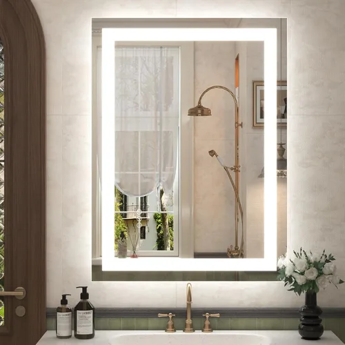 Vista 22 de Espejo de baño LED iluminado de 30 x 30 pulgadas para pared, espejo cuadrado de tocador con luces, regulable, antivaho, a prueba de roturas