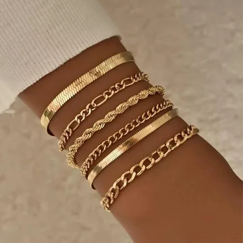 Vista 2 de Roe Dolph Pulseras apilables de oro para mujer, juego de pulseras de tobillo bohemias, pulseras de cadena cubana en capas, pulseras de cadena