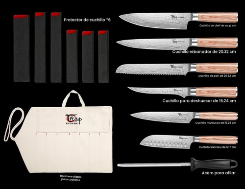 Vista 6 de SYOKAMI Juego de cuchillos de chef de 14 piezas con bolsa enrollable, juego de cuchillos japoneses profesionales de acero inoxidable con mango