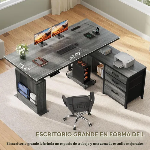 Vista 3 de Escritorio en forma de L de 63" con 3 cajones escritorios Gris