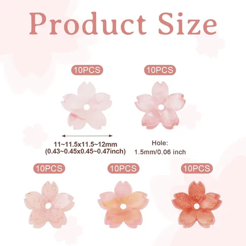 Vista 5 de PH PandaHall 50 cuentas de flores de resina rosa, colores mezclados, 0.453 in x 0.433 in x 0.157 in, perfectas para la fabricación de joyas