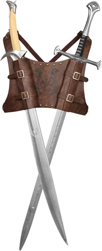 Vista 2 de HZMAN Espada de tótem vikingo medieval, rana ajustable de piel sintética, doble espada, Cosplay Renacimiento LARP