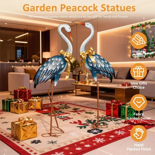 Vista 3 de Kircust Estatuas de Garza Azul para Exteriores Esculturas de Garza de Jardín de Metal, Arte de Patio de Pájaros Grande 47-48 Pulgadas, Juego de 2