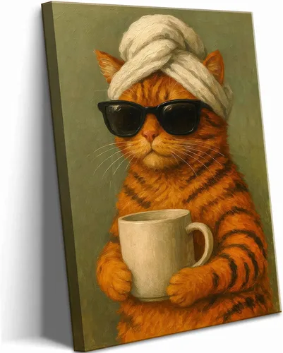 Vista 11 de Lienzo de paisaje victoriano OVNI para pared, diseño divertido de alienígena montando un gato, cuadros eclécticos de gato, póster impreso
