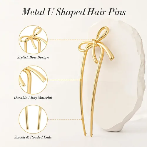 Vista 4 de 2 horquillas francesas de metal dorado para mujeres y niñas, elegantes horquillas en forma de U con diseño de lazo, horquillas de pelo con torsión