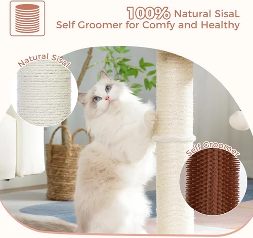 Vista 6 de Torre de árbol para gatos grandes, poste rascador para gatos con auto peluquero para gatos, cama superior de 20 x 15.7 pulgadas de ancho, poste Beige