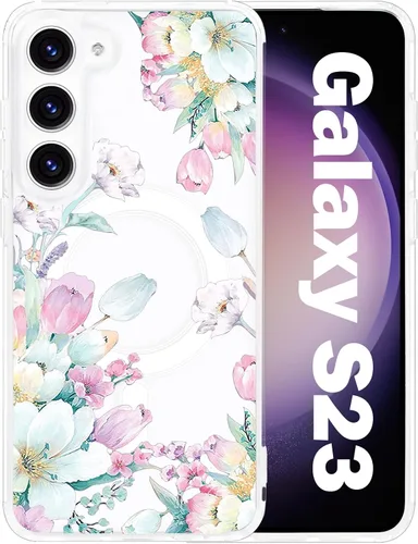 Vista 18 de Funda magnética para Samsung Galaxy S22 Ultra Flower, compatible con MagSafe, patrón floral transparente a prueba de golpes, parte trasera