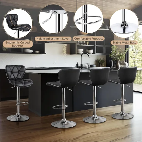 Vista 5 de Yaheetech Juego de 2 taburetes de bar, taburetes de bar ajustables de piel sintética con respaldo de concha, sillas de bar con reposapiés para Negro