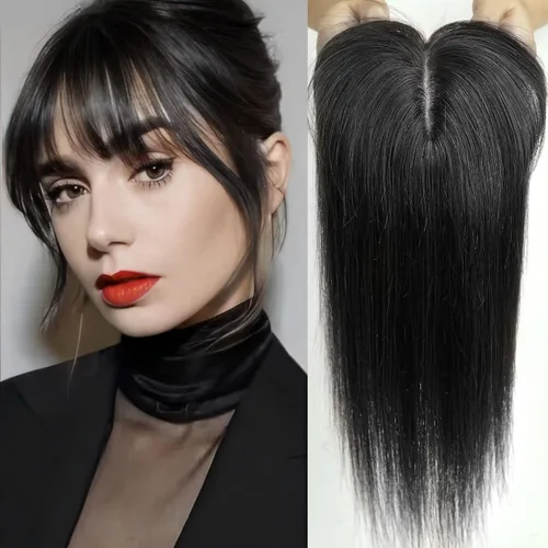 Vista 12 de HAIRCUBE Pelucas de cabello humano 100% con flequillo, densidad 150%, base de seda, clip en la parte superior, pelucas de cabello superior