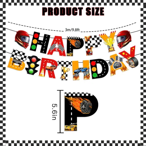 Vista 5 de KORHONEN Decoraciones de fiesta de cumpleaños con temática de auto de carreras para niños y adultos, incluye pancarta de feliz cumpleaños