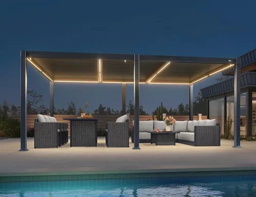 Vista 14 de PURPLE LEAF Pérgola con listones 92KS de 8 x 10 pies con tira LED regulable solar integrada, techo ajustable de aluminio a prueba de lluvia