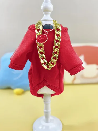 Vista 3 de QWINEE Conjunto de 3 piezas con capucha para perros y gatos, con collar y lentes de sol, ropa para mascotas para cachorros, perros pequeños y Rojo