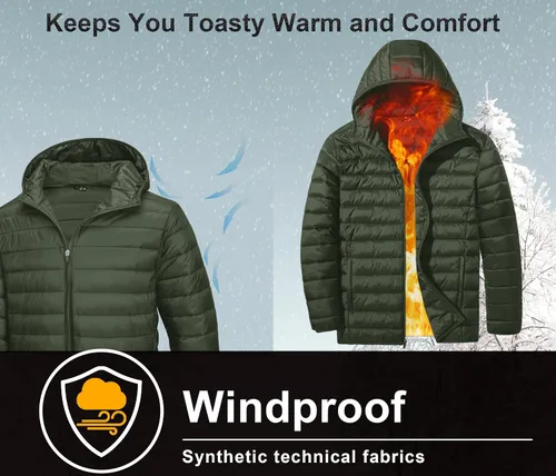 Vista 4 de TACVASEN Chaqueta acolchada con capucha para hombre, impermeable, impermeable, con aislamiento, ligera, cortavientos, acolchada