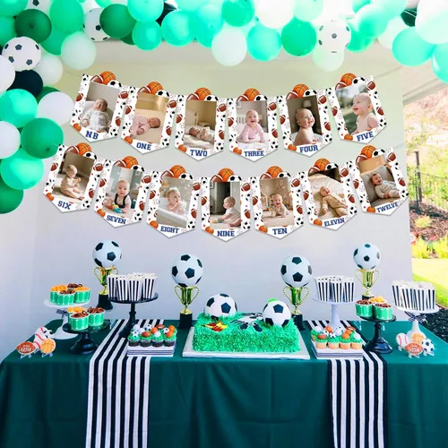 Vista 6 de Sursurprise Decoraciones deportivas de primer cumpleaños, pancarta mensual de fotos para niños, suministros de fiesta de primer cumpleaños