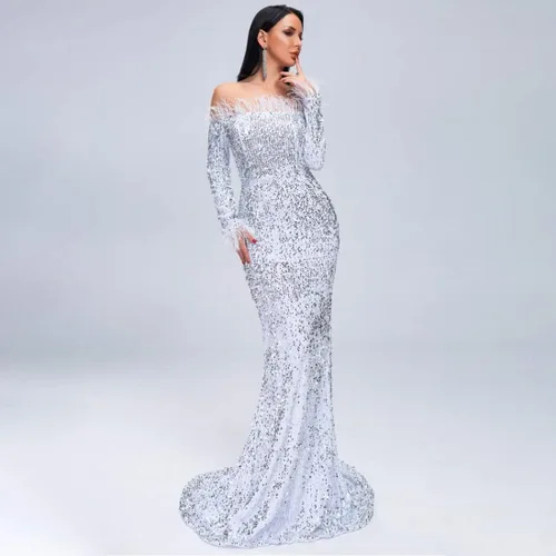 Vista 3 de VA Vestido largo sin tirantes para mujer, sin tirantes, manga larga, espalda descubierta, hasta el suelo, con lentejuelas, para boda, fiesta de noche