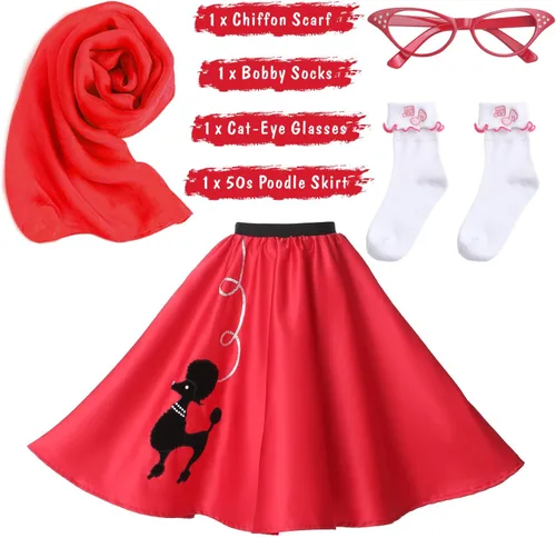 Vista 6 de Disfraz de Sock Hop para Mujer, Disfraz de Vestido de Caniche de los Años 1950 para Adulto, Falda de Caniche de los Años 50 con Gafas, Bufanda