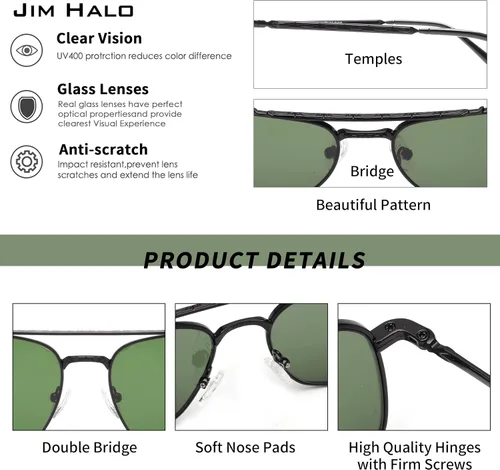 Vista 3 de JIM HALO Gafas de sol retro cuadradas estilo aviador con lente de cristal de alta calidad, gafas planas de metal para hombres y mujeres