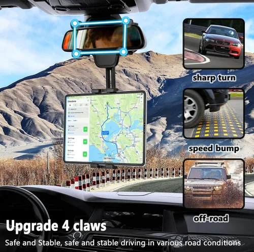 Vista 2 de Soporte para tablet para espejo retrovisor para coche y camión, giratorio y retráctil Rear View Mirror Clip Phone Tablet Holder Upgraded 4 Corners
