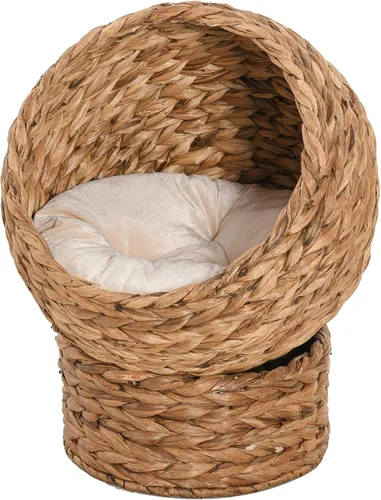 Vista 10 de PawHut Cama elevada tejida a mano para gatos con cojín suave y forma de silla de huevo, cama de cesta con soporte, casa de mimbre elevada para gatos