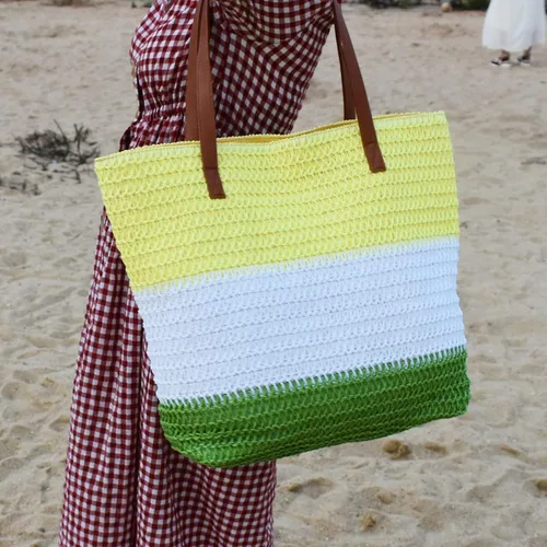 Vista 31 de Bolso grande de paja para mujer, tejido de ratán, bolso de playa de verano, a rayas