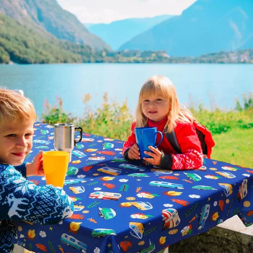 Vista 7 de Tudomro Mantel de camping con fundas de banco de picnic, se adapta a mesas de picnic de 4 a 7 pies, mantel de poliéster lavable y reutilizable