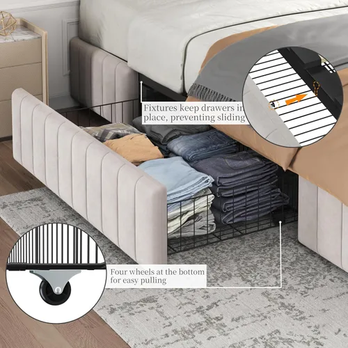 Vista 5 de Yaheetech Bastidor de cama completo con plataforma tapizada con 3 cajones de almacenamiento, gran espacio de almacenamiento/Listones de madera