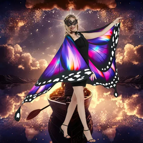 Vista 6 de DawnHope Disfraces de Halloween, alas de mariposa para mujeres y adultos, impresión de doble cara, alas de hada, capa para fiesta con máscara