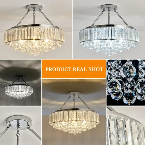 Vista 5 de YYJLX Lámpara de araña de cristal redonda grande moderna de 6 luces, cromada, de montaje semiempotrado, lámpara de techo E26 para comedor, sala