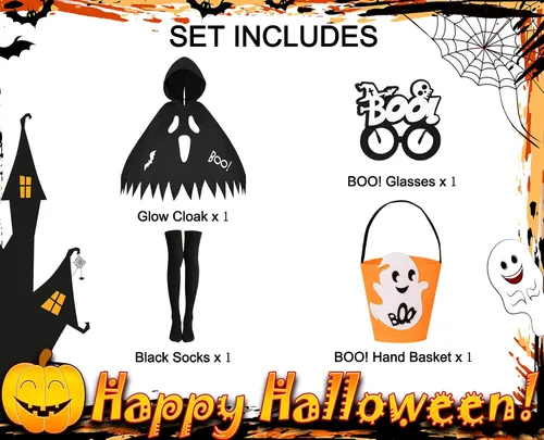 Vista 3 de QUJQOM Ghost Costume Kid Boo Bat Costume Toddler Halloween Costume Glow in Dark Hooded Cloak Spooky Trick or Treating Cosplay