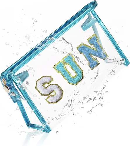 Vista 19 de COSHAYSOO Bolsa de Maquillaje Transparente con Protección Solar, Bolsa de Protector Solar con Parches de Letras, Accesorios Esenciales de Playa