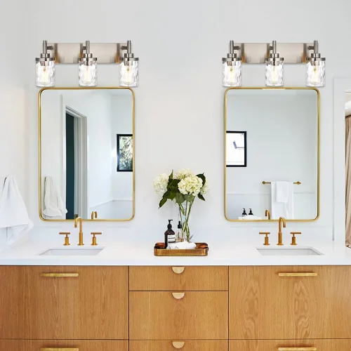 Vista 4 de Lámparas de tocador de baño, 3 luces, luces de tocador de baño de níquel cepillado con pantalla martillada transparente, iluminación moderna de baño
