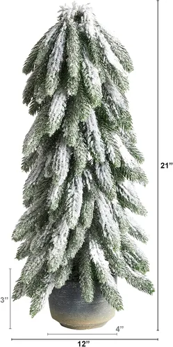 Vista 2 de Nearly Natural Árbol de Navidad artificial flocado de 21 pulgadas en maceta decorativa