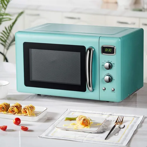 Vista 5 de SIMOE Horno microondas retro 0.9 pies cúbicos, 900W Compacto de encimera con 5 niveles de microondas y 8 funciones de cocción automática, bloqueo