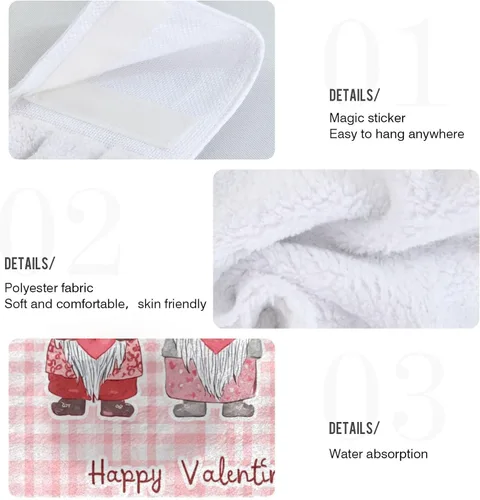 Vista 5 de Kcldeci Toallas de mano colgantes para el día de San Valentín con lazo para colgar, gnomos, corazones, toallas de mano suaves y gruesas, toallas