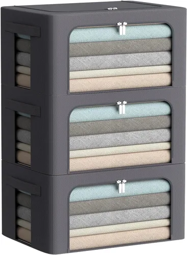 Vista 19 de Paquete de 3 cajas de almacenamiento con marco, bolsas de almacenamiento de ropa, tela Oxford, plegable, apilable, juego organizador con ventana