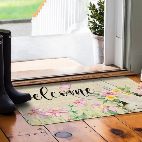 Vista 5 de Tapete antideslizante para puerta de Pascua, diseño de conejito de primavera, diseño floral para interiores y exteriores, para entrada, porche