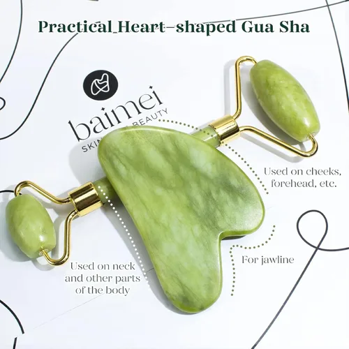 Vista 3 de BAIMEI IcyMe Gua Sha y rodillo de jade - Herramientas faciales, rodillo facial y juego de Gua Sha para reducir la hinchazón y el enrojecimiento