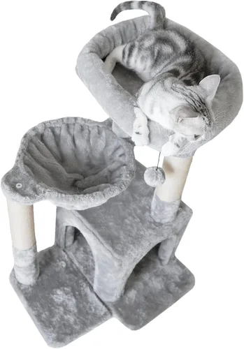 Vista 4 de Pesofer - Árbol para gatos, torre pequeña para gatos con poste de rascar de sisal y hamaca, gris claro