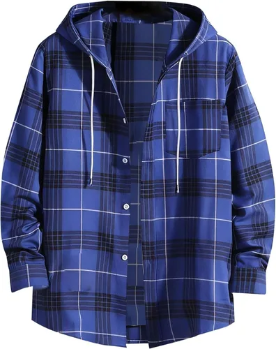 Vista 12 de Camisa a cuadros con botones para hombre, ligera, casual, de manga larga, ajuste holgado, UPF 50+, con capucha y protección solar